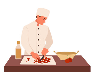 Cook preparing dish in kitchen. Man stands with knife and cutting board. Chef cutting vegetables. Editable vector illustration