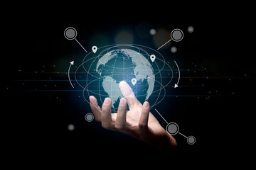 Businessman holding global network connection digital link tech.