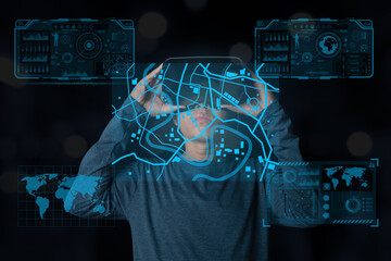 Man wearing VR glasses accessing search data business global connected together.