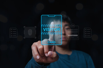 Man touching the virtual screen visitor biometric identity and approval.