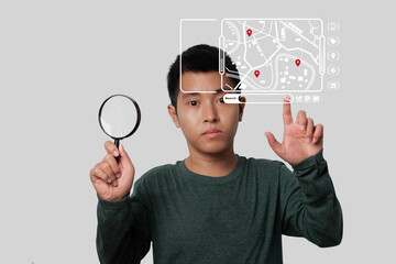 Man holding magnifying glass and point virtual model map with location point.