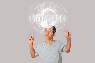 Young man pointing up with global network and data accessing Cloud Computing.