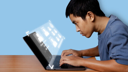 Man is browsing at his computer laptop action Plan strategy business process objectives.