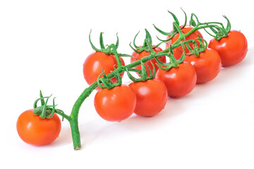Delicious and rich tomatoes on a branch with drops of water, isolated on a white background. Agricultural harvest and daily healthy food