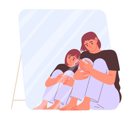 Adult reflected in mirror as child. Infantilism, immature psyche, or inner child.