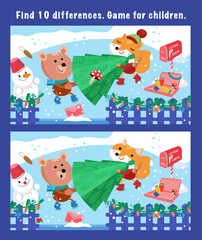 Find 10 differences. Game for children. Cute bear and fox are carrying Christmas tree. Vector illustration.