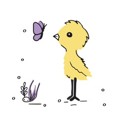 A cute baby chick is friends with a butterfly. Baby print for nursery and children's room.