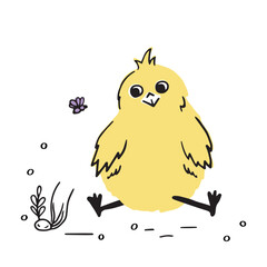 Cute yellow chick dancing with a butterfly vector illustration. Children's print template for printing on postcards, decor of children's rooms and nurseries.