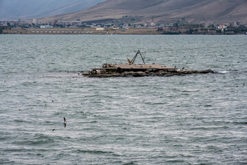 Naklejka premium islet with birds on the blue lake Sevan in Armenia