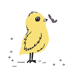 The inquisitive chick made friends with the caterpillar. Cute baby vector illustration isolate on white. Printable template.