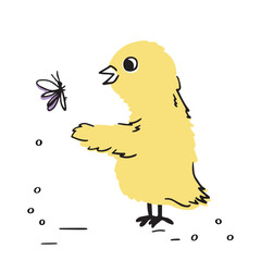 Cute chicken and insect drawn in cartoon style. Animal friendship vector illustration isolate. Ideal for nursery and children's room.