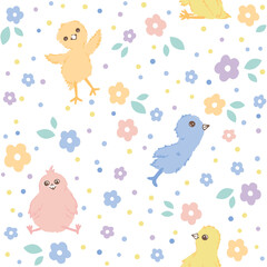 Small colorful flowers and chicks seamless pattern on white background. Summer bright print in cartoon style. Ideal for textiles, wallpaper, fabric and paper.