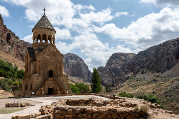 landscape with views of ancient stone buildings and temples on a summer day in Armenia