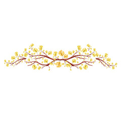 Border watercolor twigs autumn yellow leaves. Template for decorating designs and illustrations.