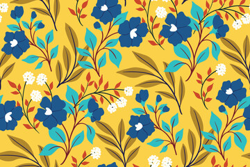 Seamless floral pattern, autumn ditsy print with hand drawn wild plants on a yellow field. Modern botanical background design with blue flowers on branches, herbs, leaves. Vector illustration.