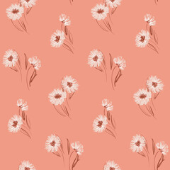 Seamless pattern with sketch plants in pastel colors. Romantic floral print, gentle botanical background with hand drawn flowers, leaves on a pink surface. Vector illustration.