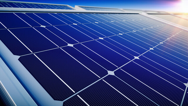 Electric solar battery panels. Solar power plant. Blue solar panels - 3d rendering