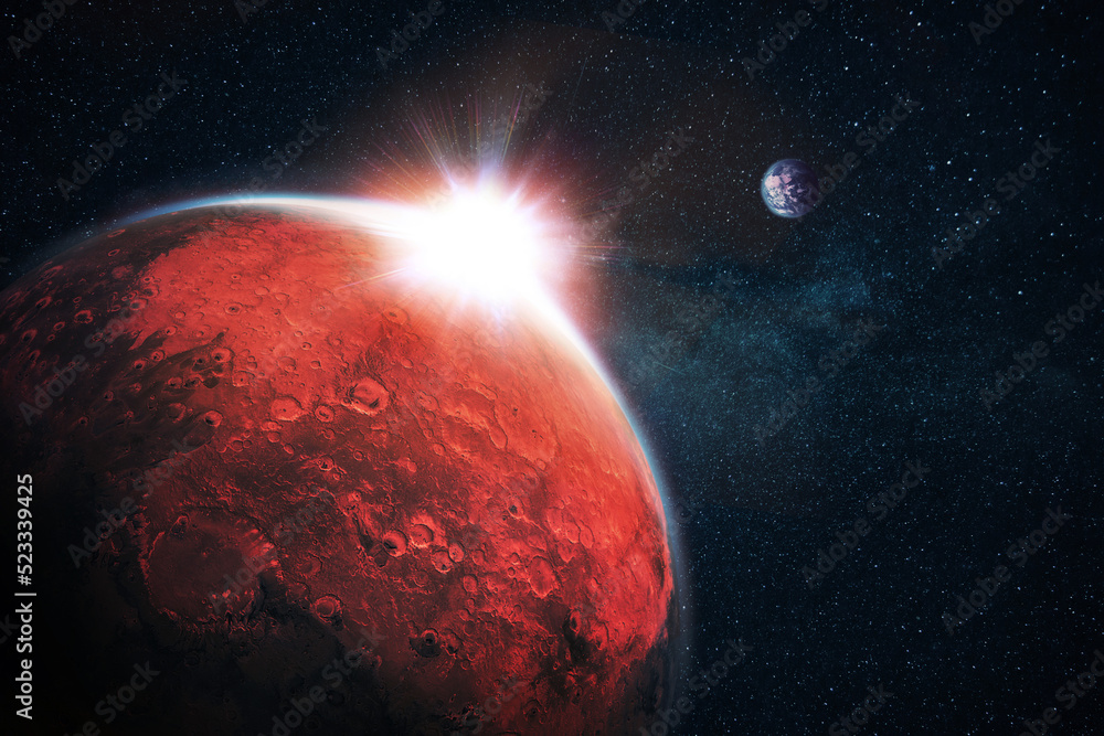 Poster amazing red planet mars with craters and beautiful sunset rays in space with stars and blue planet e