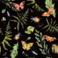 Watercolor illustration. Pattern of butterflies, beetles, leaves, herbs and plant branches. Watercolor freehand drawing of flowers on a black background.