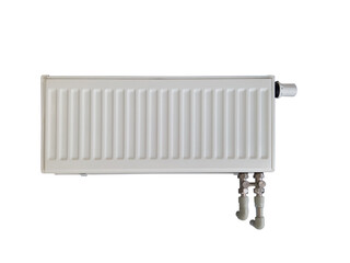 Heating radiator with thermostat isolated on white background. Modern plastic heating pipes. installation of heating systems.