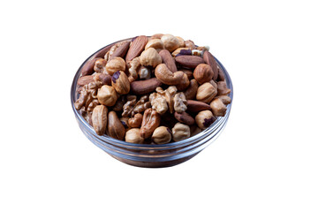 Assorted nuts in glass bowl isolated on white background. Mixed nuts for healthy diet isolated. Glass bowl filled by various nuts on white