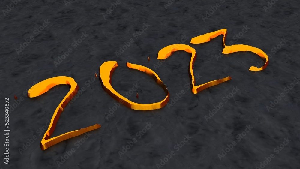 Aufkleber golden volumetric numbers 2023 on a gray textured background. new next year. 3d rendering image.