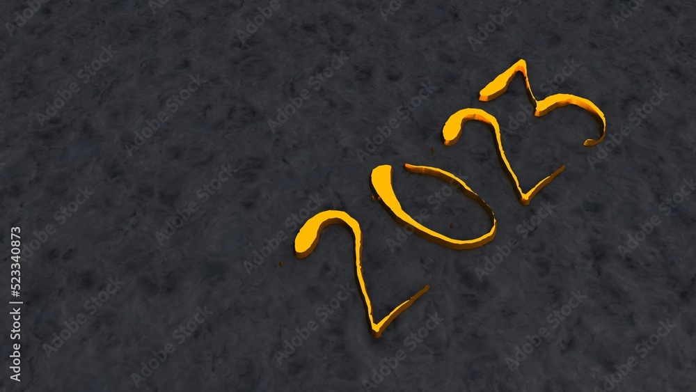 Aufkleber golden volumetric numbers 2023 on a gray textured background. new next year. 3d rendering image.