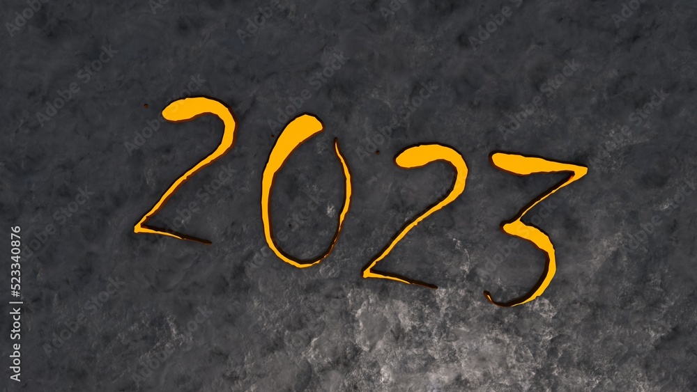 Aufkleber golden volumetric numbers 2023 on a gray textured background. new next year. 3d rendering image.