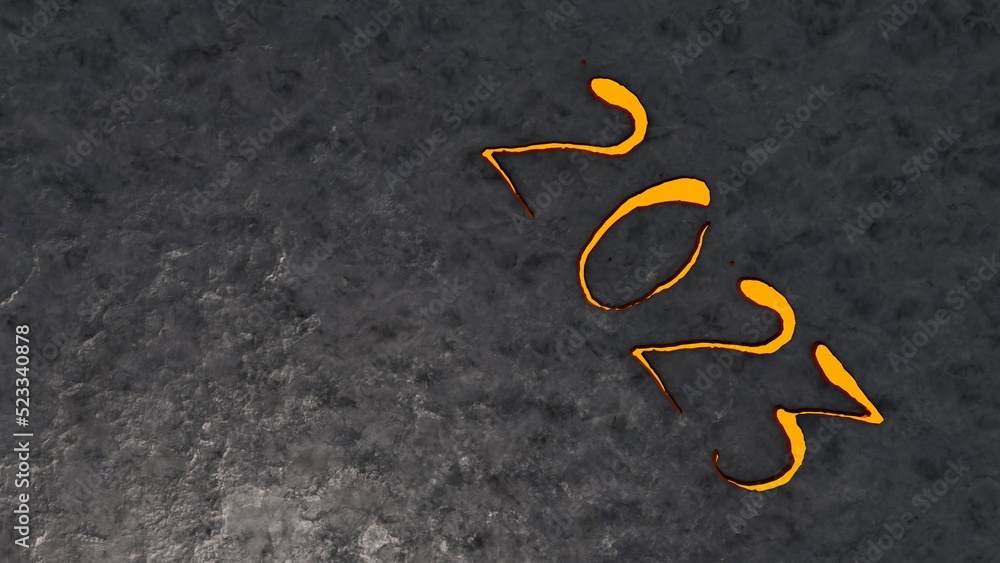 Aufkleber golden volumetric numbers 2023 on a gray textured background. new next year. 3d rendering image.