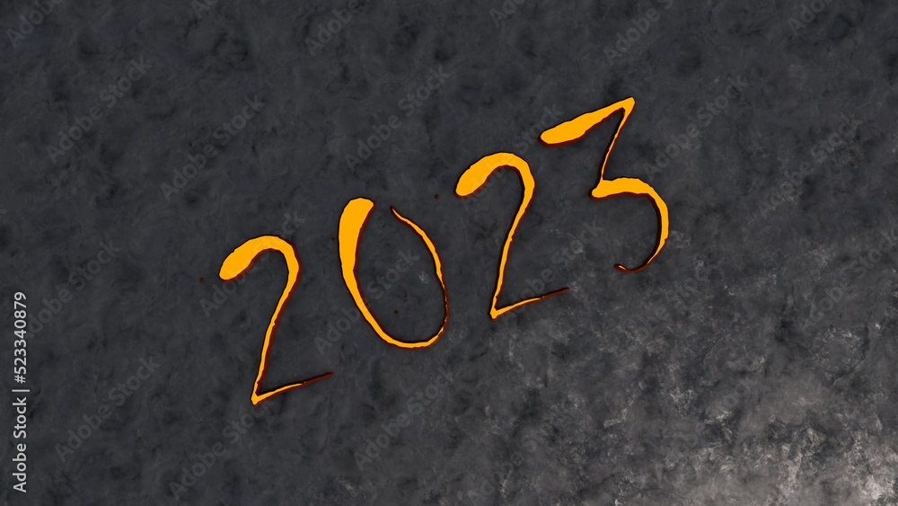 Poster golden volumetric numbers 2023 on a gray textured background. new next year. 3d rendering image.