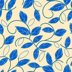 Vector embroidered leaves seamless vintage pattern. Ukrainian motif craft sewing embroidery vintage background