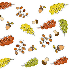 Autumn seamless pattern of oak leaves, branches, mushrooms, acorns. For your decor