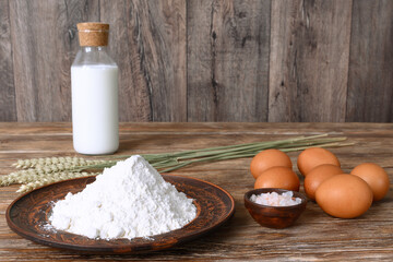 Ingredients for pancake batter - flour, eggs, sugar, salt, milk.