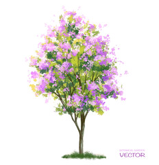 Plakat Vector watercolor blooming flower tree side view isolated on white background for landscape and architecture drawing, elements for environment or and garden,botanical elements for section 