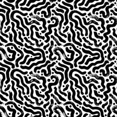 Organic curved lines and dots seamless pattern. Hand drawn irregular curved and wavy lines with grunge circles. Black and white organic rounded jumble maze. Stylish structure of bacterias and cells. 
