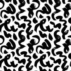 Wavy and swirled brush strokes seamless pattern. Black paint freehand scribbles, grunge curved lines. Modern simple organic texture. Freehand vector curved brush strokes. Abstract wallpaper design