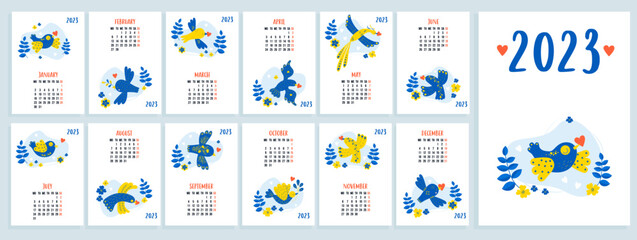 Calendar template for 2023 with decorative yellow-blue birds of happiness with hearts and flowers. Vertical set of 12 pages and cover in English. Vector illustration. Week from Monday. Stationery