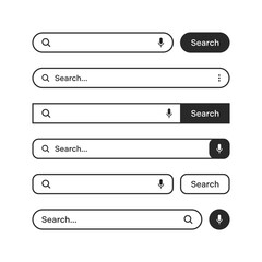 Various search bars with outline border. Internet browser engine with search box, address bar and text field. UI design, website interface element, web icons and push button. Vector illustration