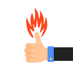 cartoon thumb up icon with red flame on finger