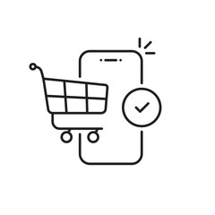 eshop icon like thin line trolley with smart phone