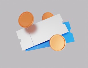 Stylized icon with air or railway tickets. Buying tickets to travel around the world. Coins and boarding passes. 3d rendering.