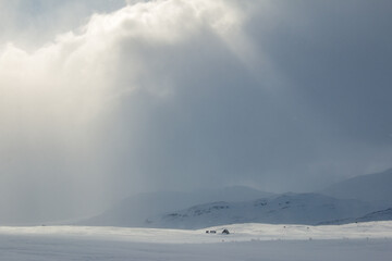 An emergency shelter on Kungselden trail between Abisko and Nikkaluokta after a storm, Lapland, Sweden