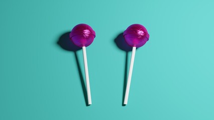 Purple caramel lollipops on sticks isolated on blue background. 3D rendering, 