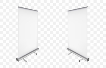 A set of roll up banner. 3d template for your design. For promotional presentation. Realistic vector illustration isolated on transparent background.