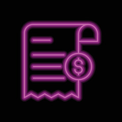 Bill and dollar simple icon vector. Flat design. Purple neon on black background.ai
