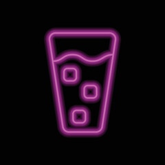 Glass and ice cube simple icon vector. Flat design. Purple neon on black background.ai