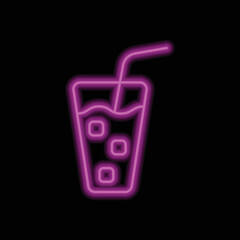 Glass with ice cube simple icon vector. Flat design. Purple neon on black background.ai