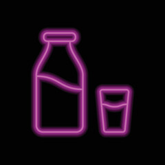 Milk bottle with glass simple icon vector. Flat design. Purple neon on black background.ai