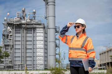 Engineer wearing uniform ,helmet and glass stand hand holding detail file document, inspection and surveying work site progress with oil refinery power industrial factory  background