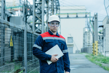 An energy engineer inspects the modern equipment of an electrical substation before commissioning. Energy and industry. Scheduled repair of electrical equipment.